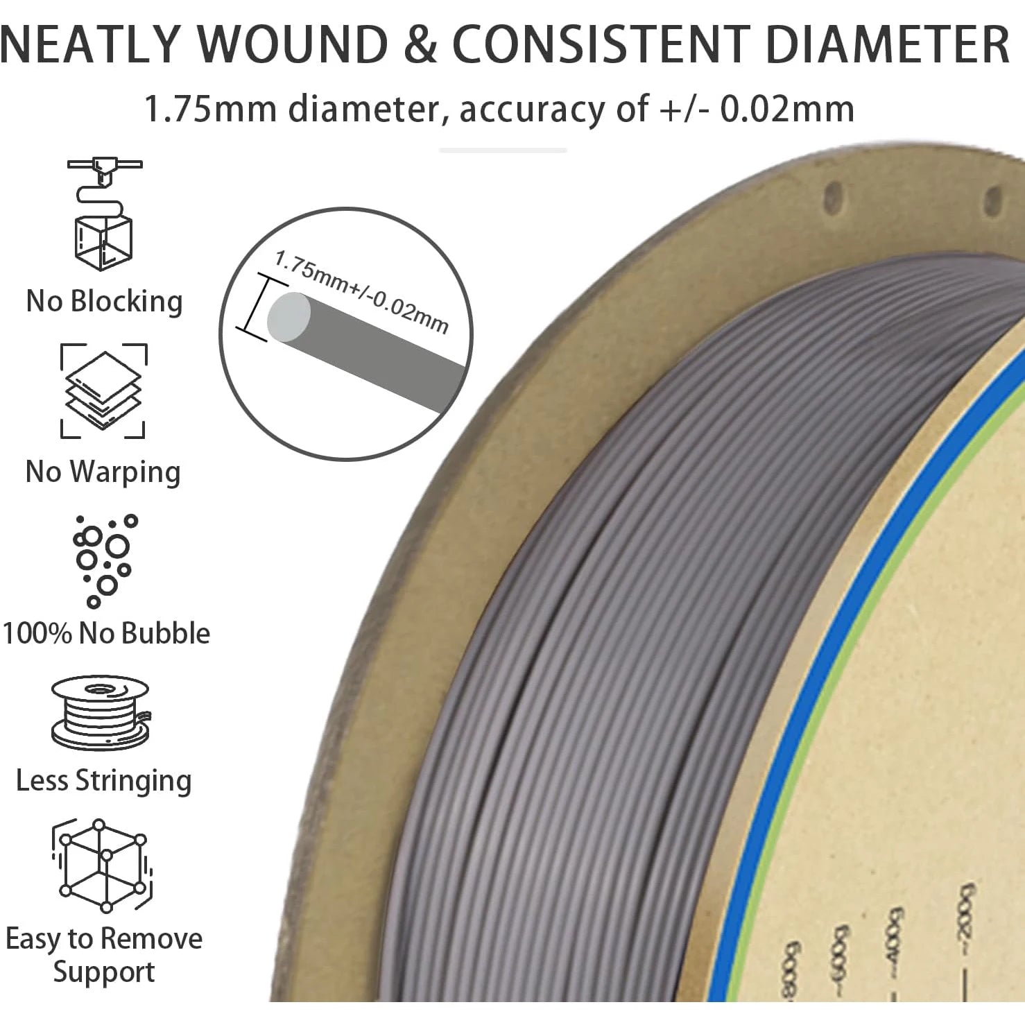 PLA+2.0 3D Printer Filament, Upgrade PLA+ Filament 1.75mm, Tougher and Stronger, Neatly Wound PLA Plus Filament,1KG Spool,Gray