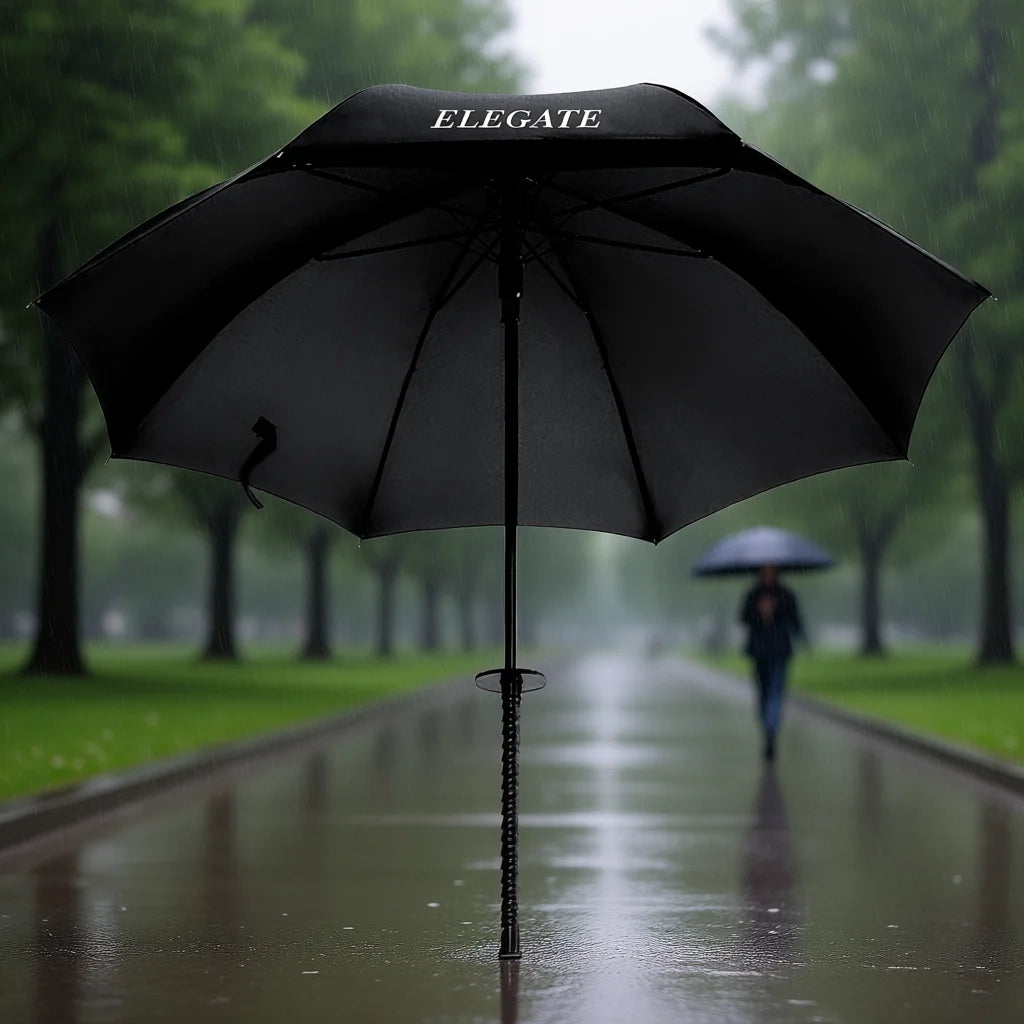 ELEGATE Japandi Design Golf Umbrella 8-Rib Semi-Automatic Black Oxford Coating Rain Protection Straight Folding Umbrella for Adu