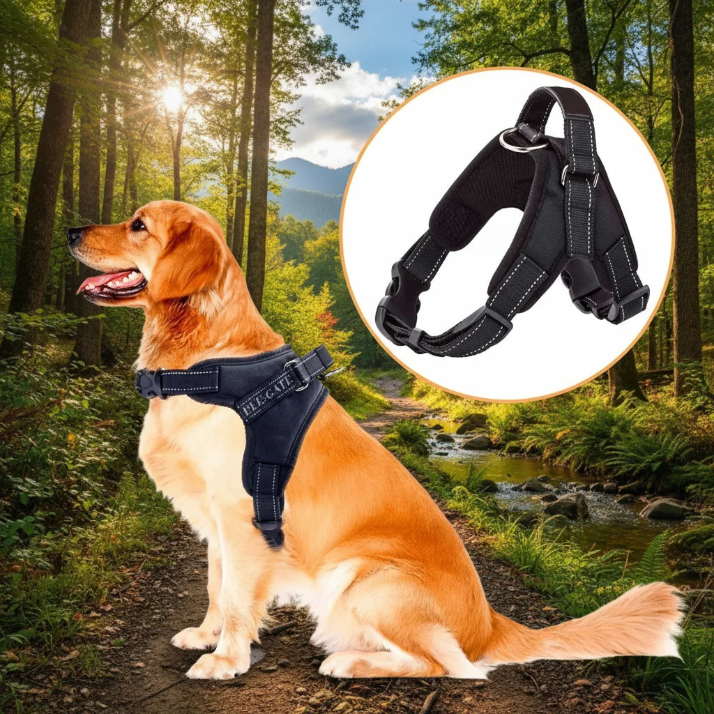Reinforced Nylon Dog Harness for Large Breeds - Size L, Adjustable Buckle Closure, Solid Black, Durable Pet Gear by ELEGATE, Mad