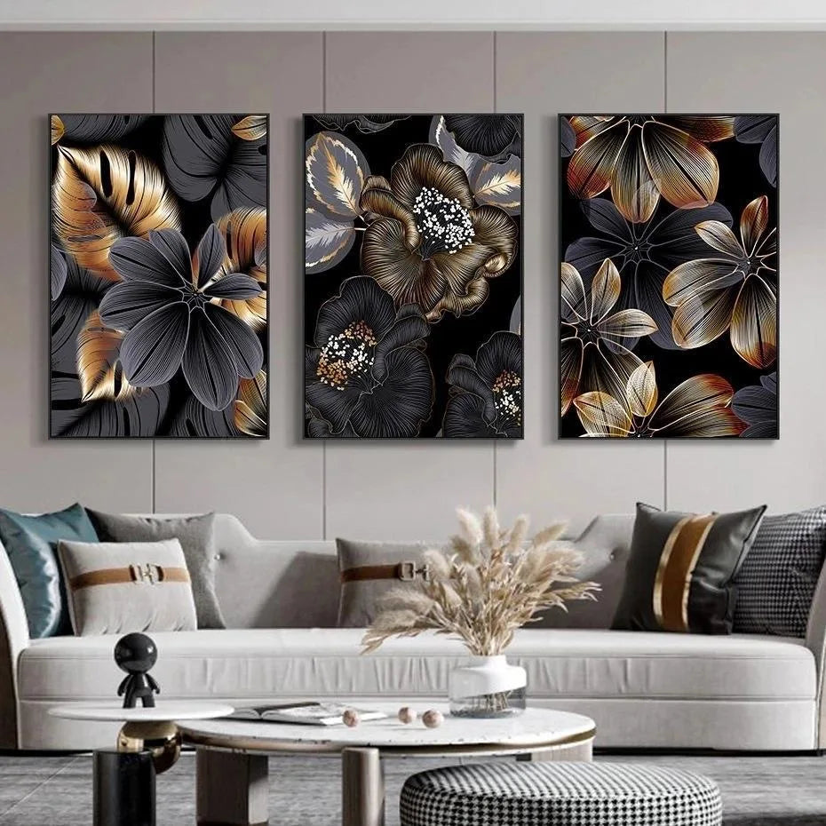 Nordic Living Room Decor Painting Picture Black Golden Plant Leaf Canvas Poster Print Modern Abstract Wall Art Decor Painting