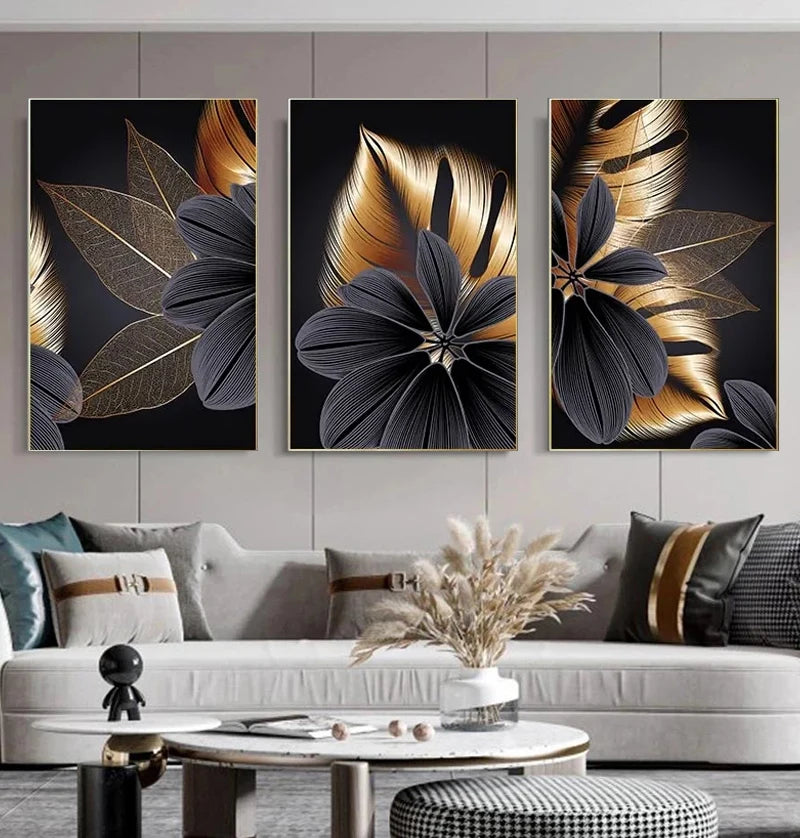 Nordic Living Room Decor Painting Picture Black Golden Plant Leaf Canvas Poster Print Modern Abstract Wall Art Decor Painting