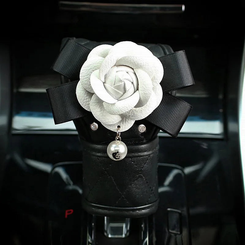 Camellia Flower Car Interior Accessories Crystal Leather Steering Wheel Cover Seat Belt Shifter Cover Auto Headrest Mirror Case