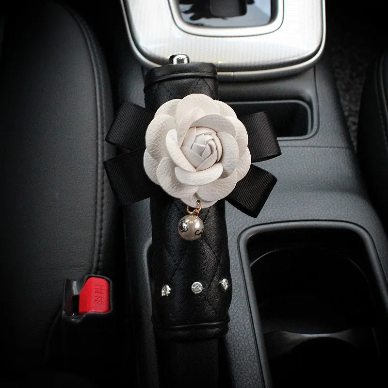 Camellia Flower Car Interior Accessories Crystal Leather Steering Wheel Cover Seat Belt Shifter Cover Auto Headrest Mirror Case