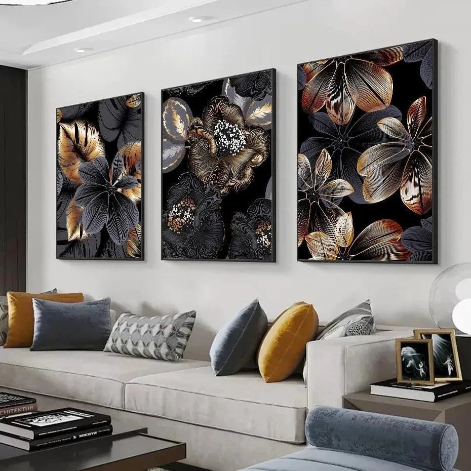 Nordic Living Room Decor Painting Picture Black Golden Plant Leaf Canvas Poster Print Modern Abstract Wall Art Decor Painting