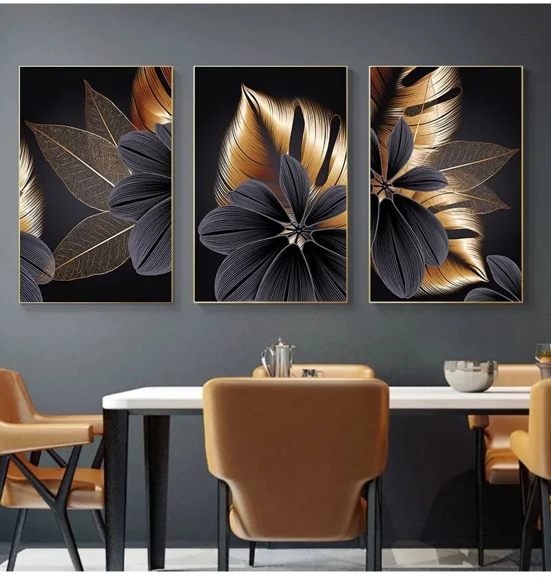 Nordic Living Room Decor Painting Picture Black Golden Plant Leaf Canvas Poster Print Modern Abstract Wall Art Decor Painting