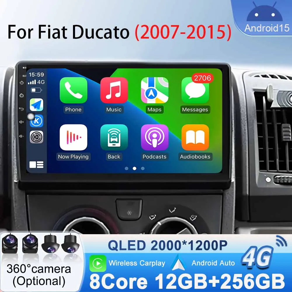 Video Player Carplay Car Radio for Fiat Ducato 2007 2008 2009 2010 2011 2012 - 2015 Android 15 Stereo Multimedia BT Auto Android