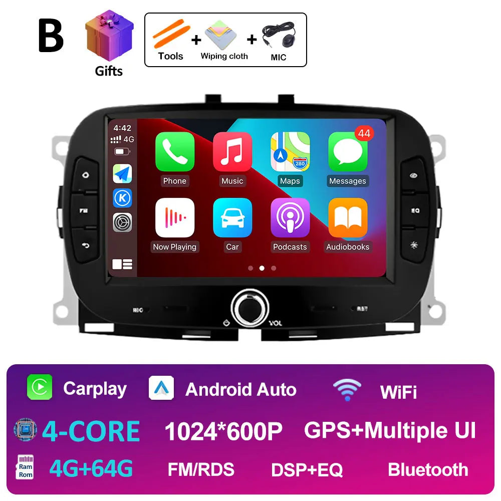 For FIAT 500 2016 2017- 2019 Android 14 Smart System Multimedia Carplay Wireless GPS Navigation DSP Stereo WIFI Accessories