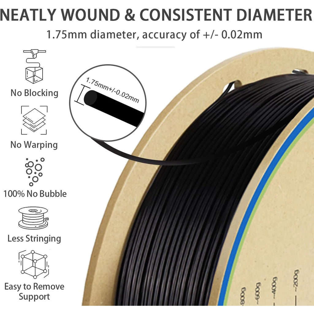 PLA Plus Filament 1.75mm Black 1KG,Neatly Wound 3D Printer Filament 1.75mm,PLA+,Dimensional Accuracy +/- 0.02 mm,1kg,Black