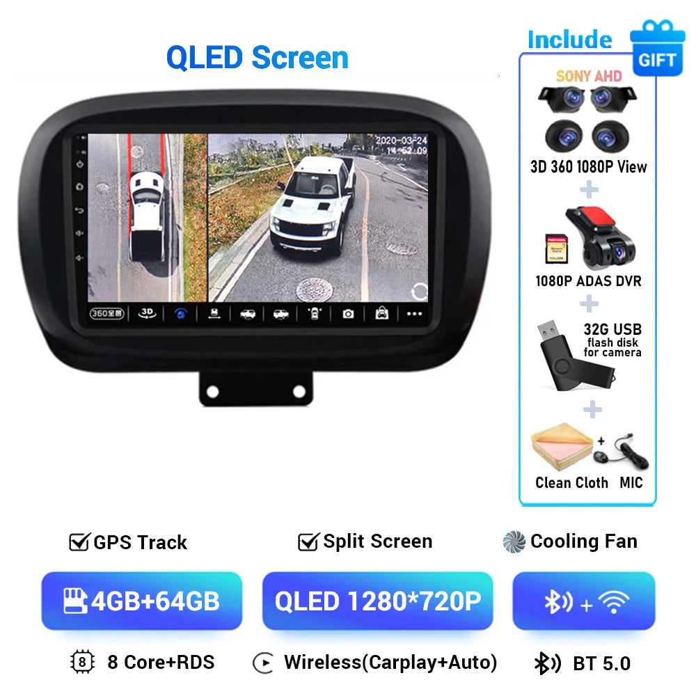 Android 15 For Fiat 500X 2014-2020 2K QLED Stereo Car Radio Multimedia Video Player GPS AI Voice CarPlay Head Unit Navigation 4G