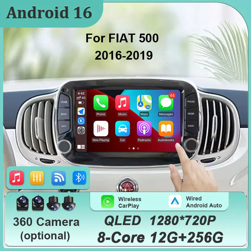 Android 16 Car Radio For Fiat 500 2016-2019 7inch Touch Screen Multimedia Player GPS Navi BT WiFi FM Radio Mirror Link Head Unit
