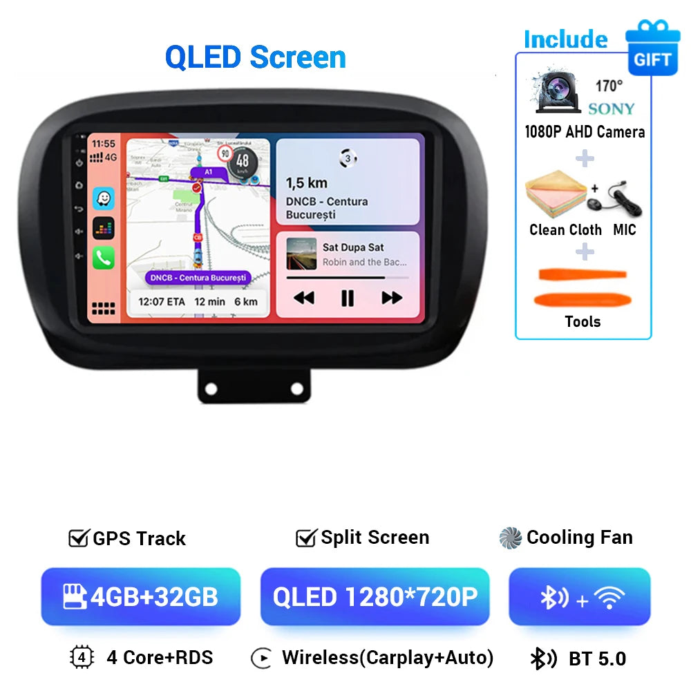 Android 15 For Fiat 500X 2014-2020 2K QLED Stereo Car Radio Multimedia Video Player GPS AI Voice CarPlay Head Unit Navigation 4G