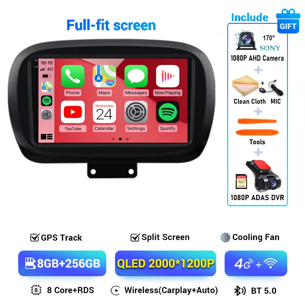 Android 15 For Fiat 500X 2014-2020 2K QLED Stereo Car Radio Multimedia Video Player GPS AI Voice CarPlay Head Unit Navigation 4G