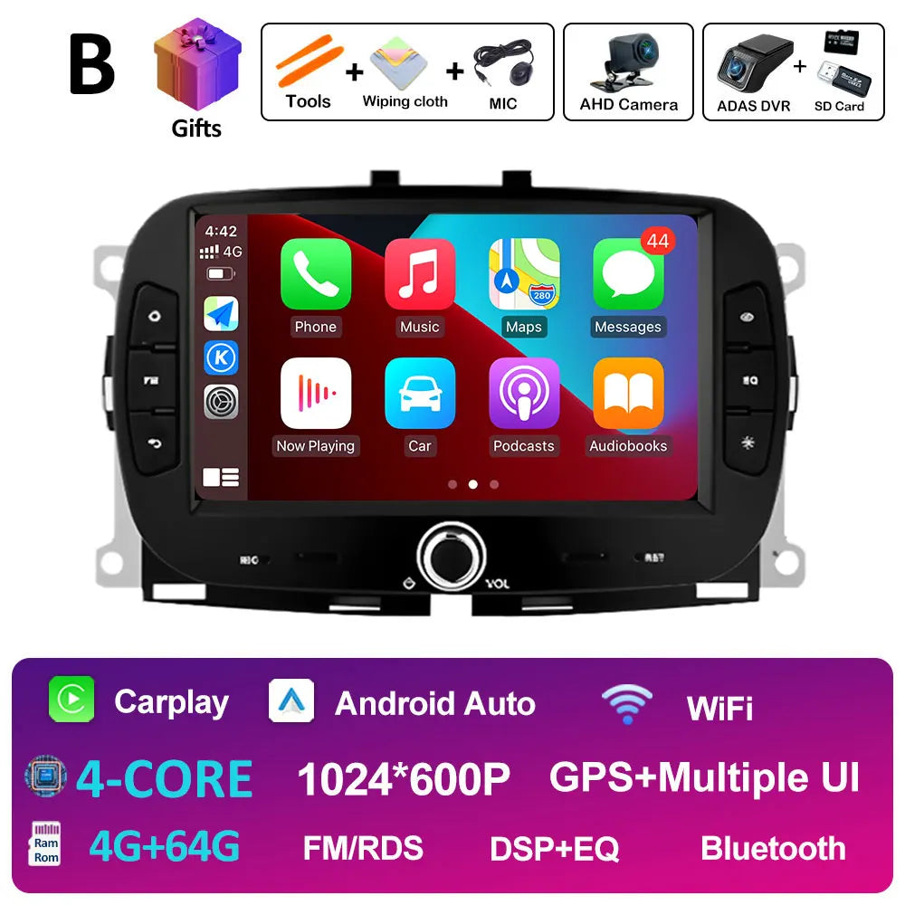 For FIAT 500 2016 2017- 2019 Android 14 Smart System Multimedia Carplay Wireless GPS Navigation DSP Stereo WIFI Accessories