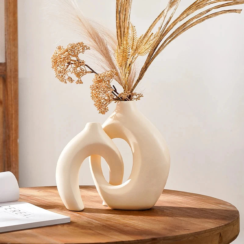 Hollow Nordic Modern  Vase Set of 2 for Modern Home Decor,Plastic imitation ceramic Hollow Flower Vases for Living Room
