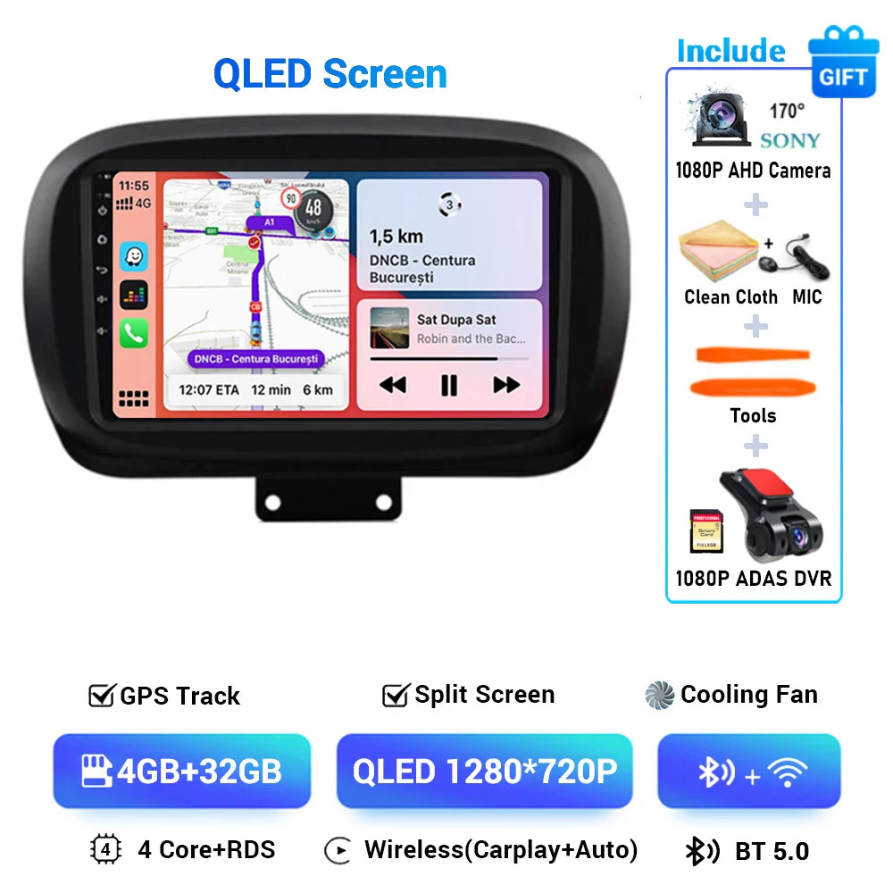 Android 15 For Fiat 500X 2014-2020 2K QLED Stereo Car Radio Multimedia Video Player GPS AI Voice CarPlay Head Unit Navigation 4G