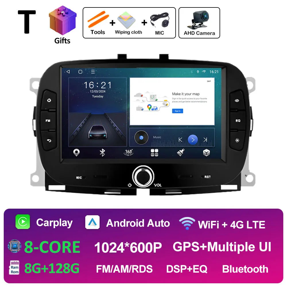For FIAT 500 2016 2017- 2019 Android 14 Smart System Multimedia Carplay Wireless GPS Navigation DSP Stereo WIFI Accessories