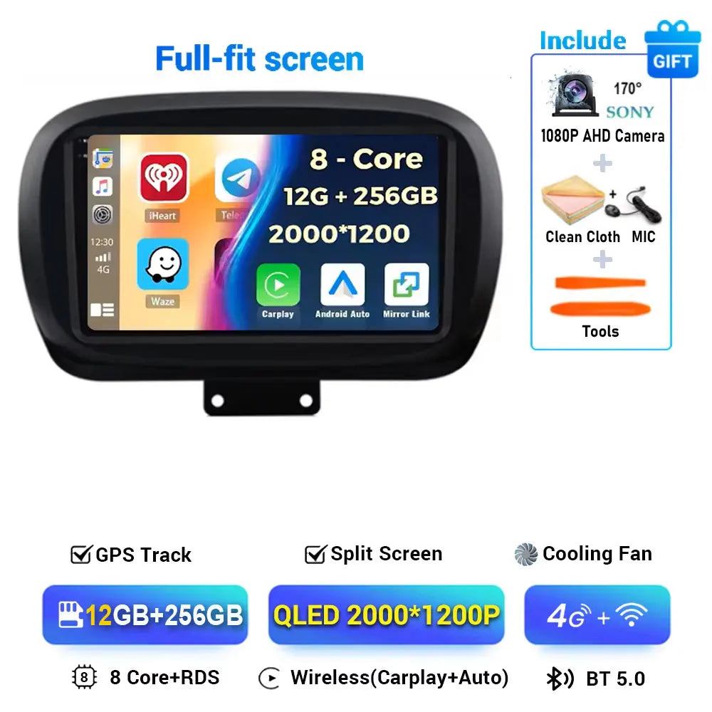 Android 15 For Fiat 500X 2014-2020 2K QLED Stereo Car Radio Multimedia Video Player GPS AI Voice CarPlay Head Unit Navigation 4G