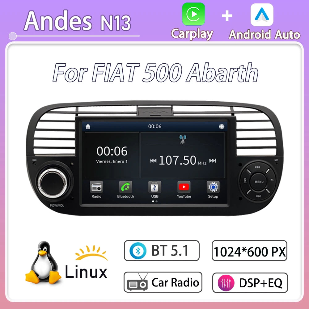 For FIAT 500 Abarth  (2007-2015-7inch)new Linux system wireless CarPlay in-car device, new model, navigation, video,Bluetooth