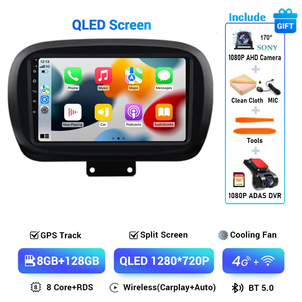 Android 15 For Fiat 500X 2014-2020 2K QLED Stereo Car Radio Multimedia Video Player GPS AI Voice CarPlay Head Unit Navigation 4G