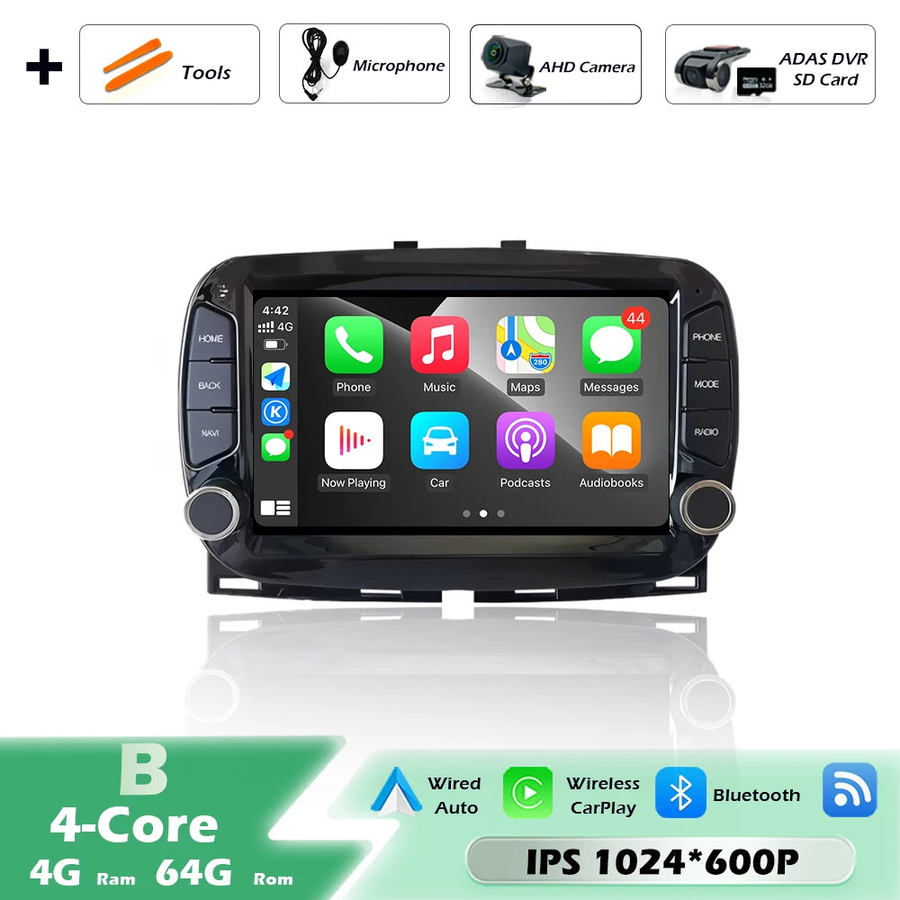 Car intelligent system For FIAT 500 2016-2019 Android 16 Navigation GPS Wireless CarPlay Car Multimedia Screen Head Unit Wifi BT