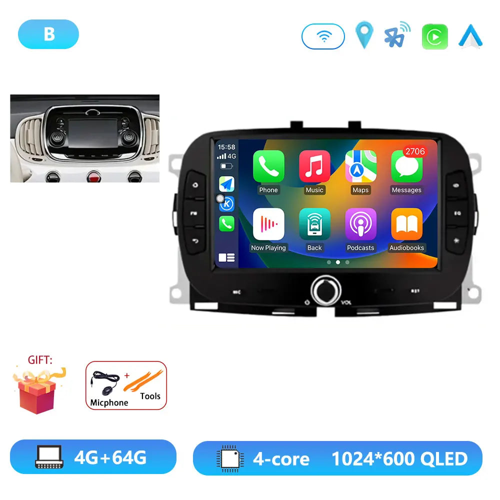 Android15 For Fiat 500 2016 - 2019 Car Radio Multimedia Player Video Navigation Carplay Stereo GPS WIFI DSP Carplay Android Auto