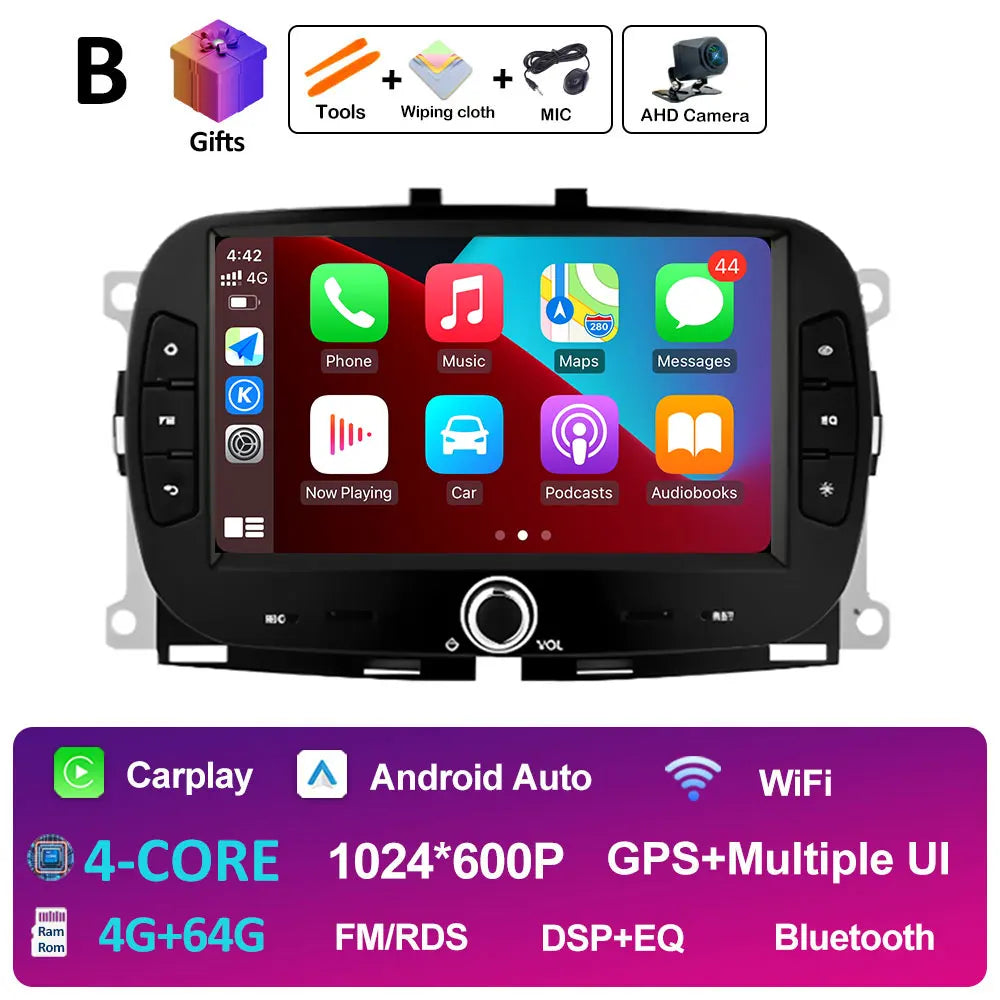 For FIAT 500 2016 2017- 2019 Android 14 Smart System Multimedia Carplay Wireless GPS Navigation DSP Stereo WIFI Accessories