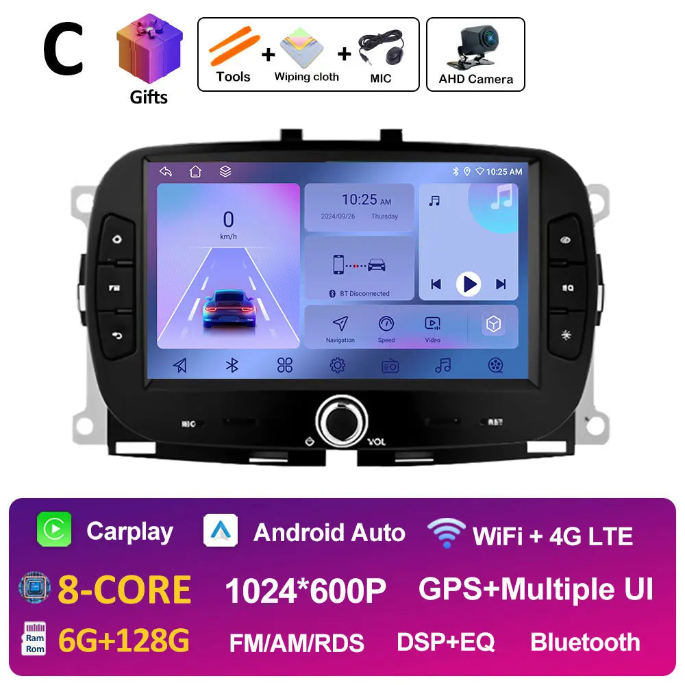 For FIAT 500 2016 2017- 2019 Android 14 Smart System Multimedia Carplay Wireless GPS Navigation DSP Stereo WIFI Accessories