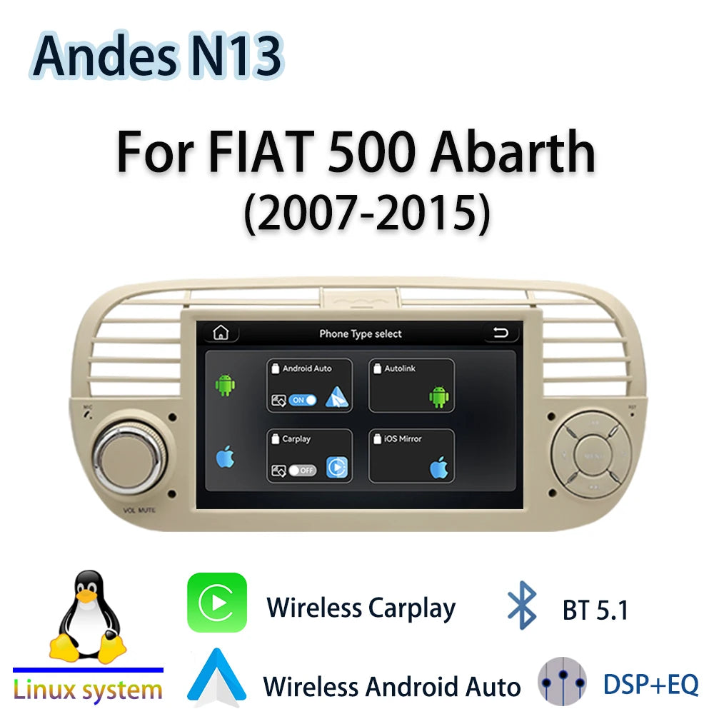 For FIAT 500 Abarth(2007-2015)2026 New Linux System Wireless CarPlay Auto  Bluetooth Musci Video Multimedia Players Cameras