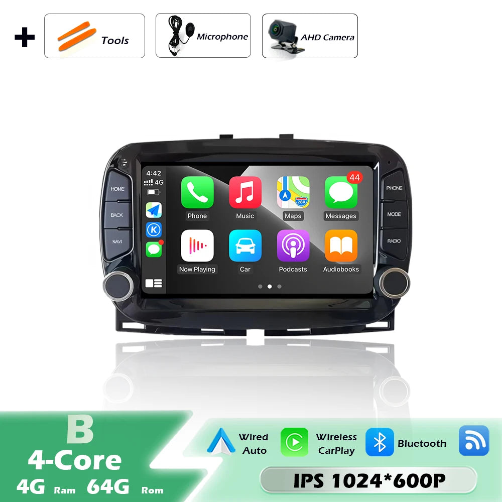 Car intelligent system For FIAT 500 2016-2019 Android 16 Navigation GPS Wireless CarPlay Car Multimedia Screen Head Unit Wifi BT