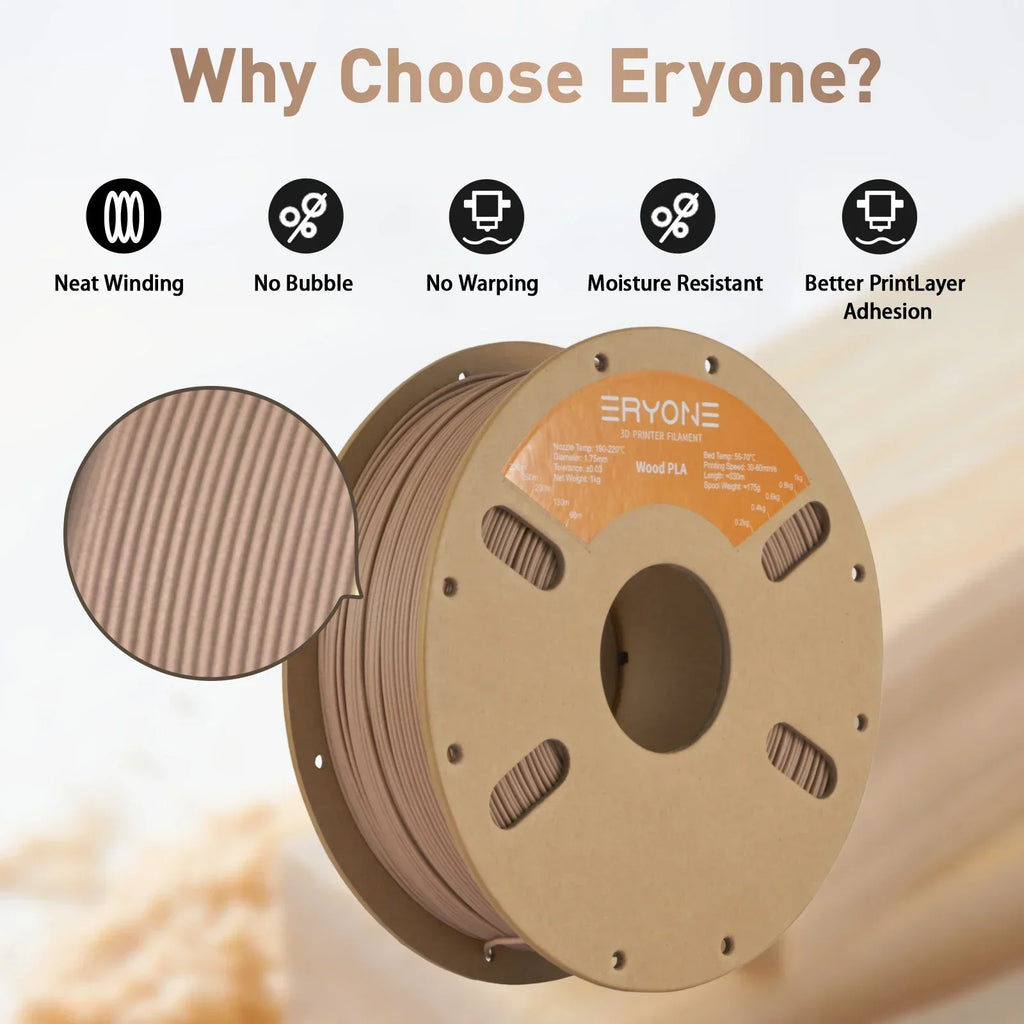 Eryone 1KG PLA Wood Premium Filament 3D Print, Real Wood Flour,Deep Light,wood pla filament,PLA Wood