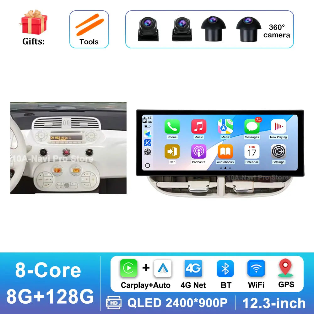 12.3 '' Android 16 for Fiat 500 2007 - 2015 Car Radio Video Multimedia Player BT 4G GPS Navi Wireless Carplay WiFi Touch Screen
