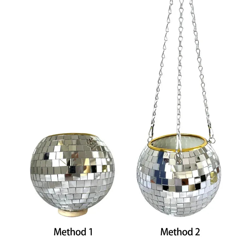 Disco Ball Hanging Flower Planter - Bohemian Rope Mirror Basket for Indoor Plants, Garden & Home Decor Vase