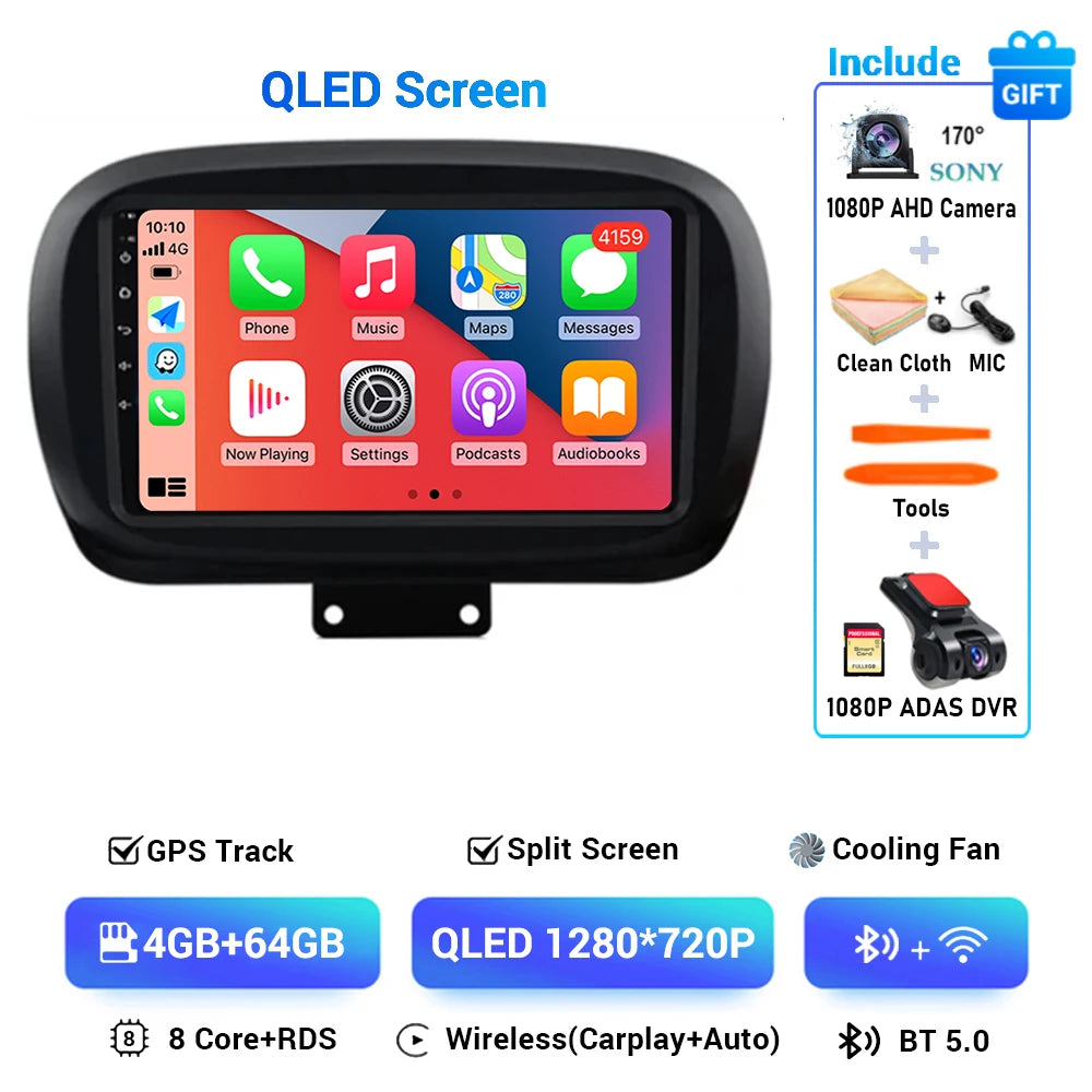 Android 15 For Fiat 500X 2014-2020 2K QLED Stereo Car Radio Multimedia Video Player GPS AI Voice CarPlay Head Unit Navigation 4G