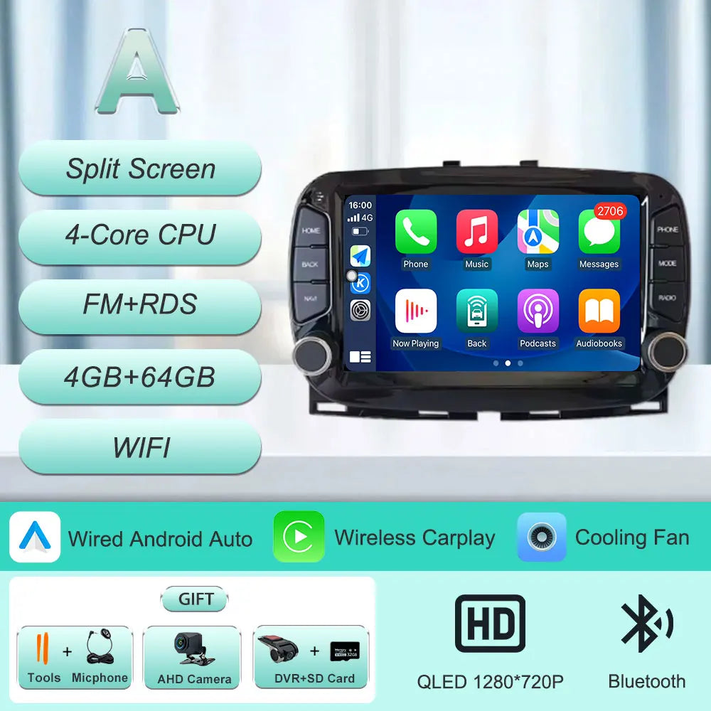 Android 16 Car Radio For Fiat 500 2016-2019 7inch Touch Screen Multimedia Player GPS Navi BT WiFi FM Radio Mirror Link Head Unit