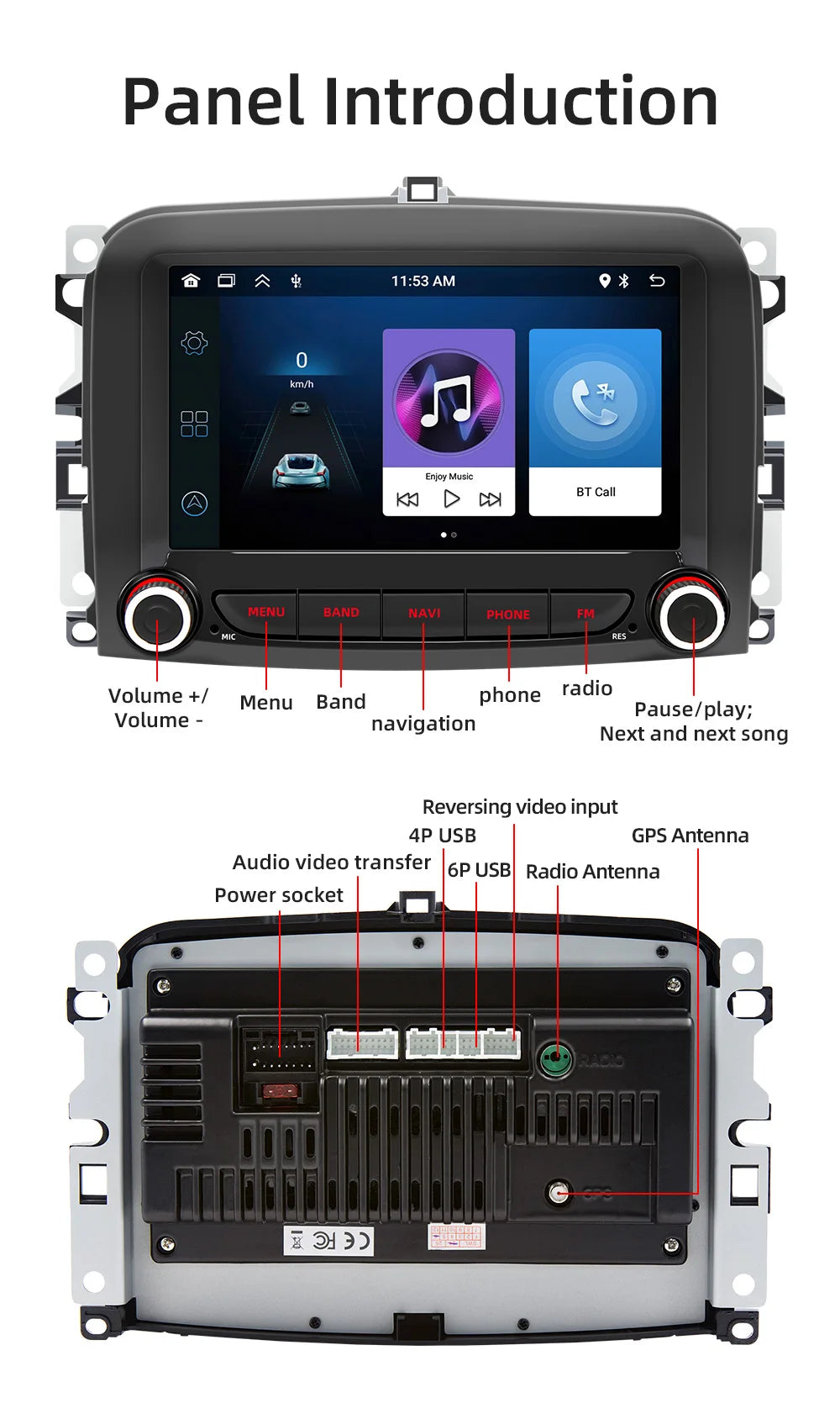 BQCC 7''  Fiat 500L 2016~2019 Android car radio navigation support reversing image WIFI GPS recording Android AUTO CARPLAY
