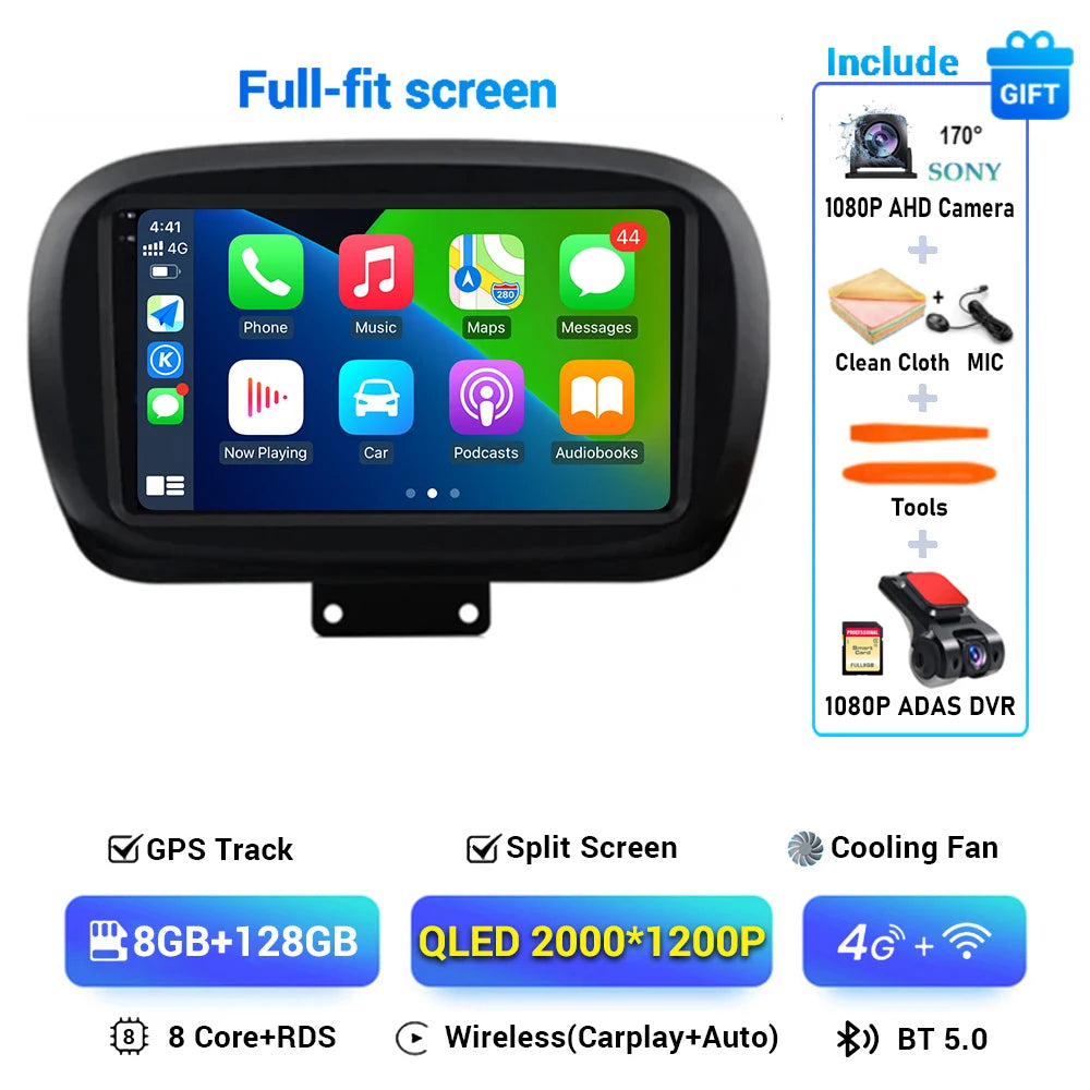 Android 15 For Fiat 500X 2014-2020 2K QLED Stereo Car Radio Multimedia Video Player GPS AI Voice CarPlay Head Unit Navigation 4G