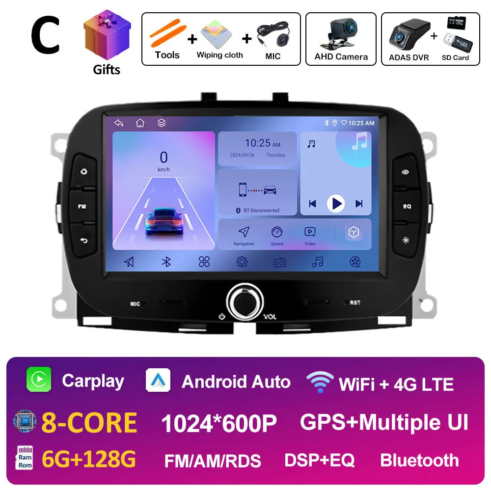 For FIAT 500 2016 2017- 2019 Android 14 Smart System Multimedia Carplay Wireless GPS Navigation DSP Stereo WIFI Accessories