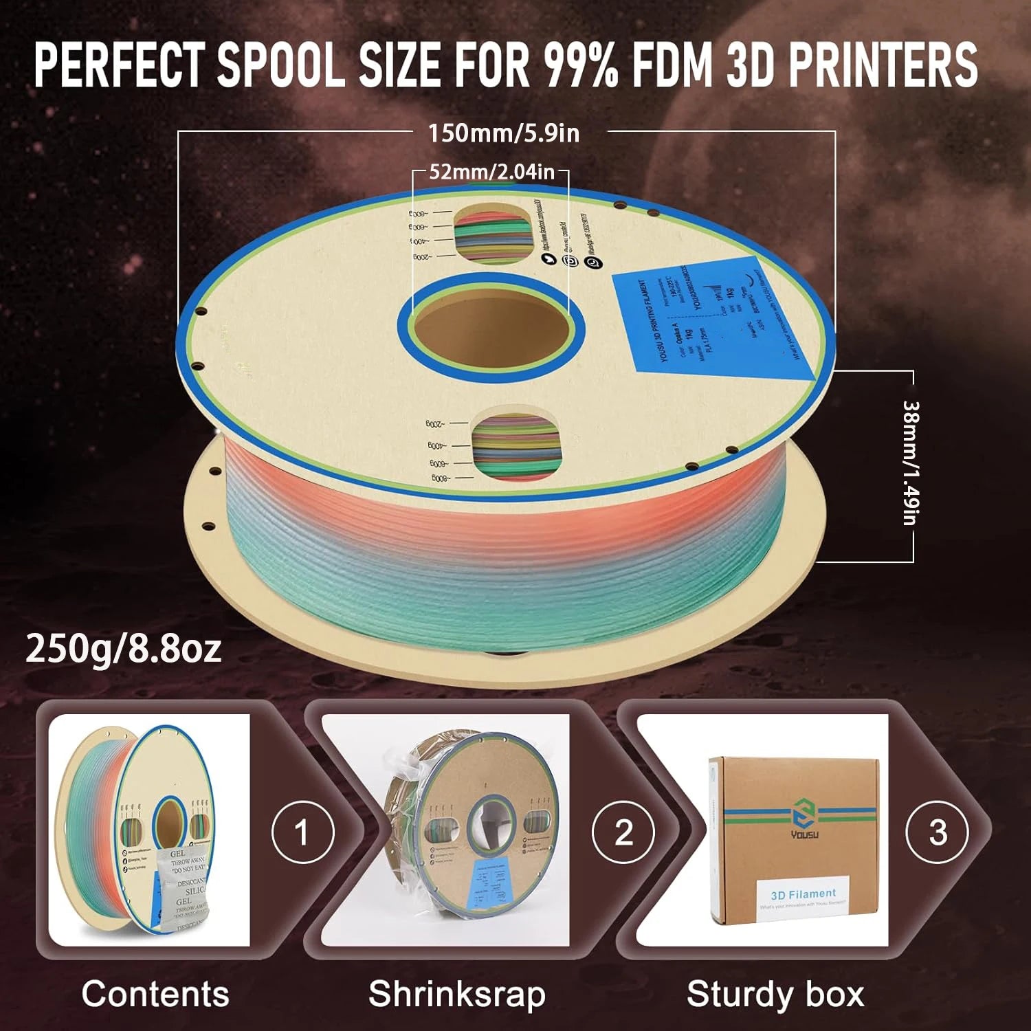 PLA glow white to rainbow 1.75mm 250g Filajoy3D 3D Printing Filament 250g Dimensional Accuracy +/- 0.03mm Change Color Gradually