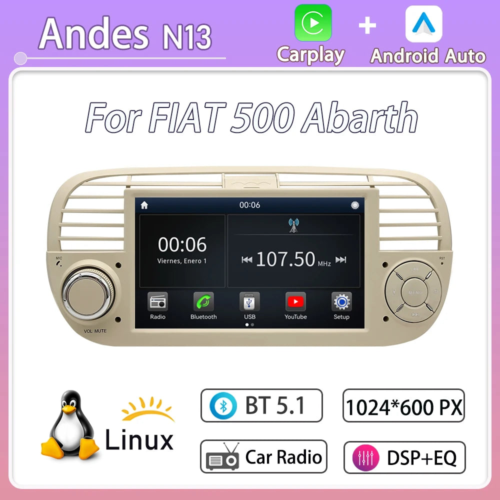 For FIAT 500 Abarth  (2007-2015-7inch)new Linux system wireless CarPlay in-car device, new model, navigation, video,Bluetooth