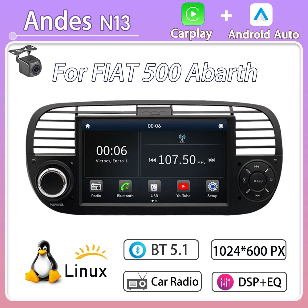 For FIAT 500 Abarth  (2007-2015-7inch)new Linux system wireless CarPlay in-car device, new model, navigation, video,Bluetooth