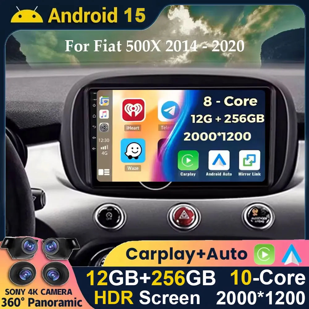 Android 15 For Fiat 500X 2014-2020 2K QLED Stereo Car Radio Multimedia Video Player GPS AI Voice CarPlay Head Unit Navigation 4G