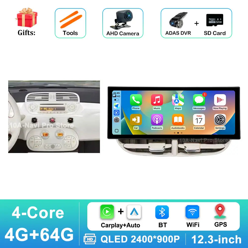 12.3 '' Android 16 for Fiat 500 2007 - 2015 Car Radio Video Multimedia Player BT 4G GPS Navi Wireless Carplay WiFi Touch Screen