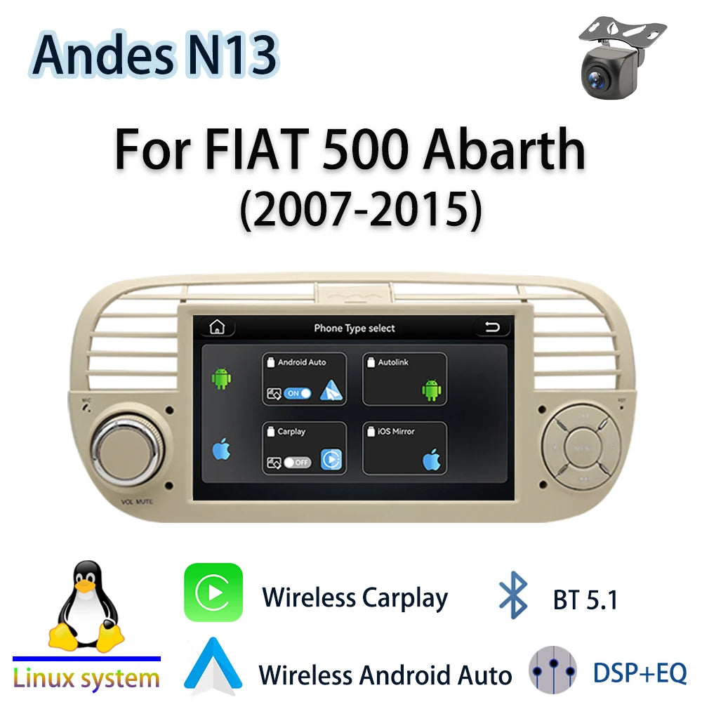For FIAT 500 Abarth(2007-2015)2026 New Linux System Wireless CarPlay Auto  Bluetooth Musci Video Multimedia Players Cameras