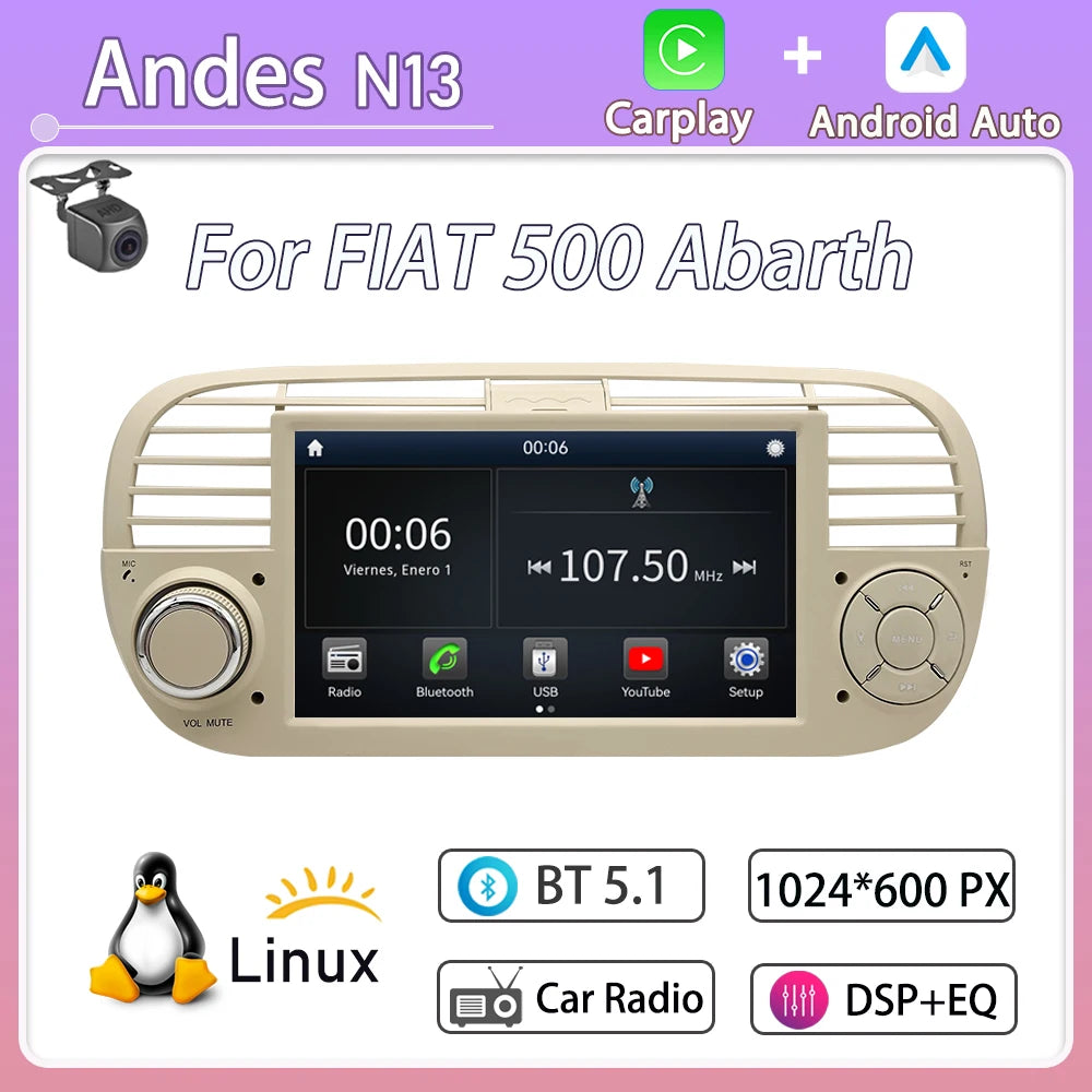 For FIAT 500 Abarth  (2007-2015-7inch)new Linux system wireless CarPlay in-car device, new model, navigation, video,Bluetooth