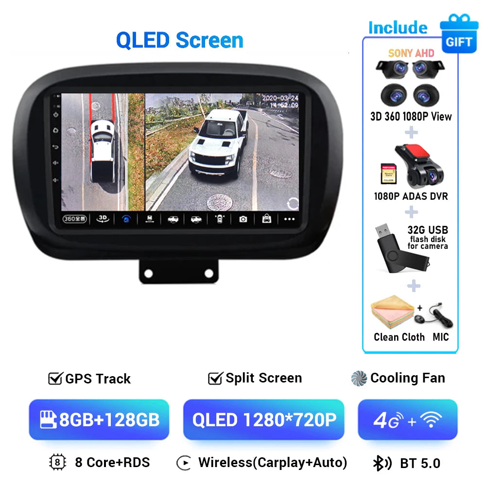 Android 15 For Fiat 500X 2014-2020 2K QLED Stereo Car Radio Multimedia Video Player GPS AI Voice CarPlay Head Unit Navigation 4G