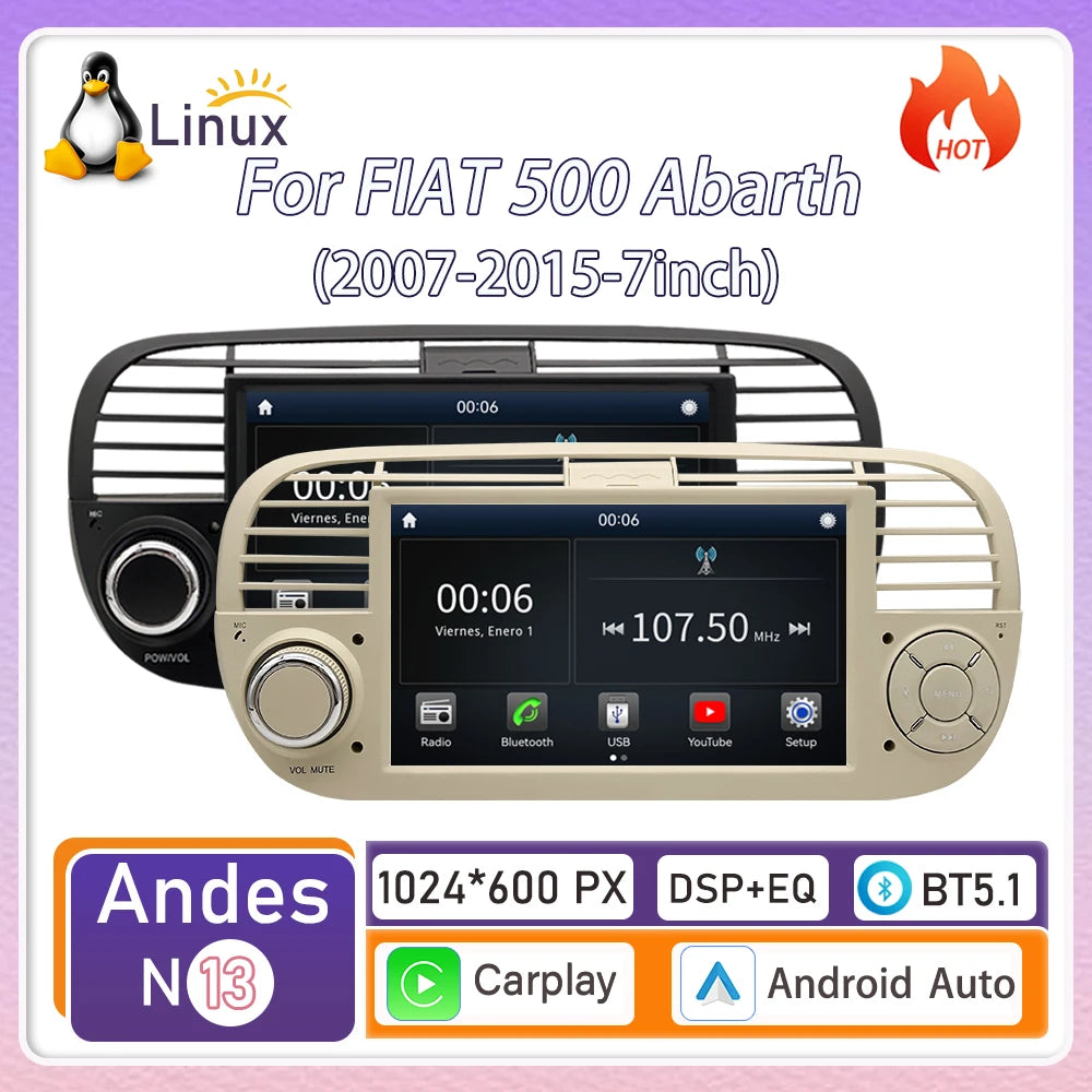 For FIAT 500 Abarth  (2007-2015-7inch)new Linux system wireless CarPlay in-car device, new model, navigation, video,Bluetooth