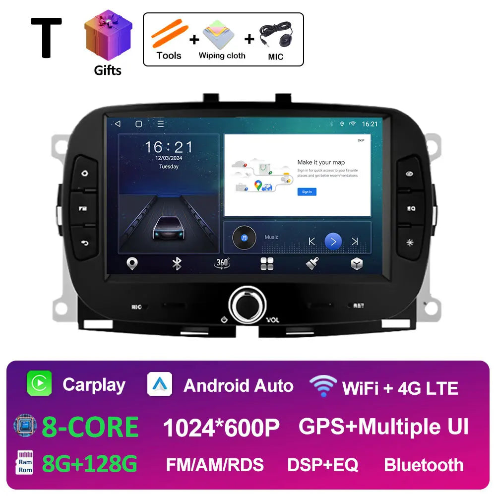 For FIAT 500 2016 2017- 2019 Android 14 Smart System Multimedia Carplay Wireless GPS Navigation DSP Stereo WIFI Accessories