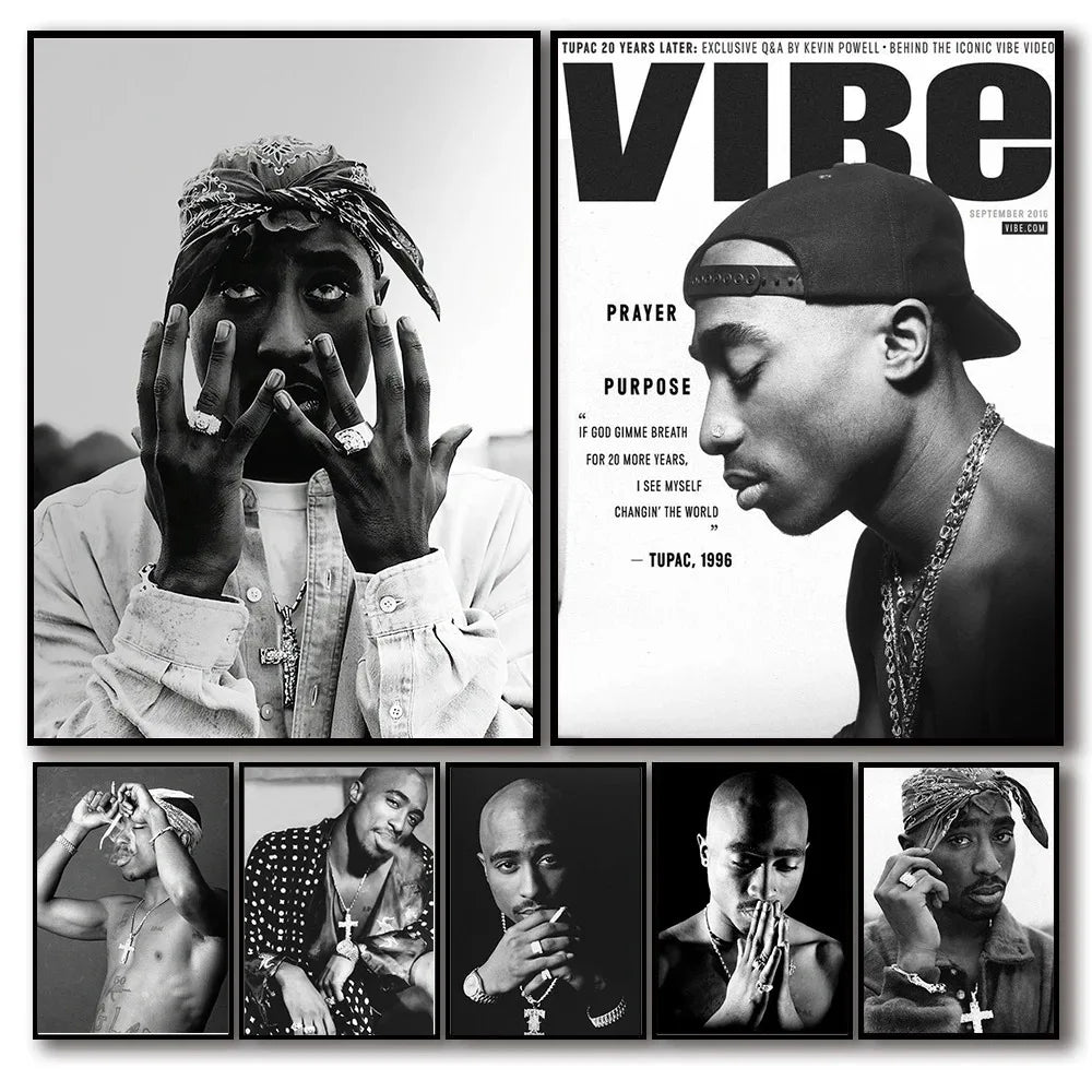 Black and White Pop Hip Hop Rapper 2PAC Posters Tupac Music Album Cover Aesthetic for Room Canvas Painting Art Wall Home Decor
