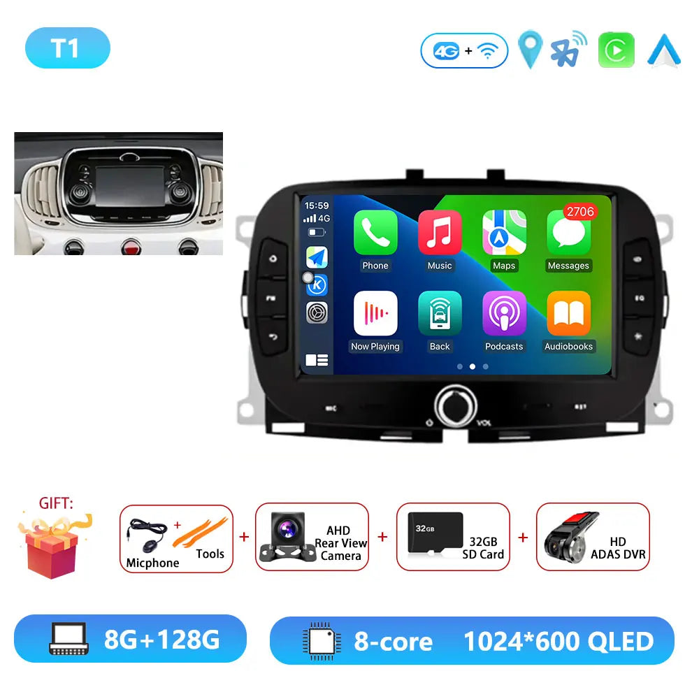 Android15 For Fiat 500 2016 - 2019 Car Radio Multimedia Player Video Navigation Carplay Stereo GPS WIFI DSP Carplay Android Auto