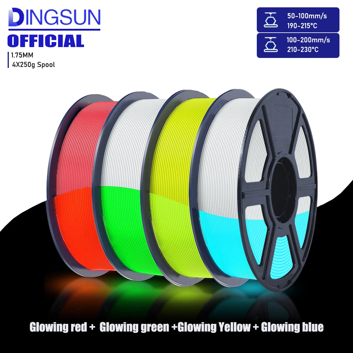 Glow in Dark PLA ,  Luminous PLA 3D Printer Filament 1.75mm, Dimensional Accuracy +/- 0.02mm. (Glowing Blue/Green/Red/Yellow)